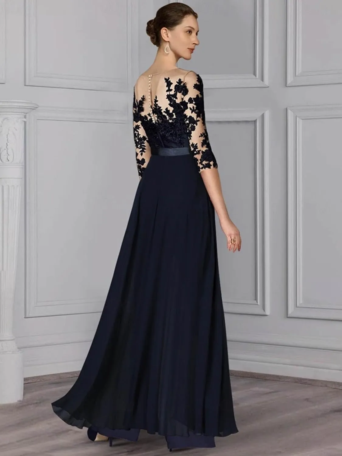 2 Pieces Mother of The Bride Pant Suits for Women Dressy Chiffon Lace Wedding Guest Formal Evening Gown