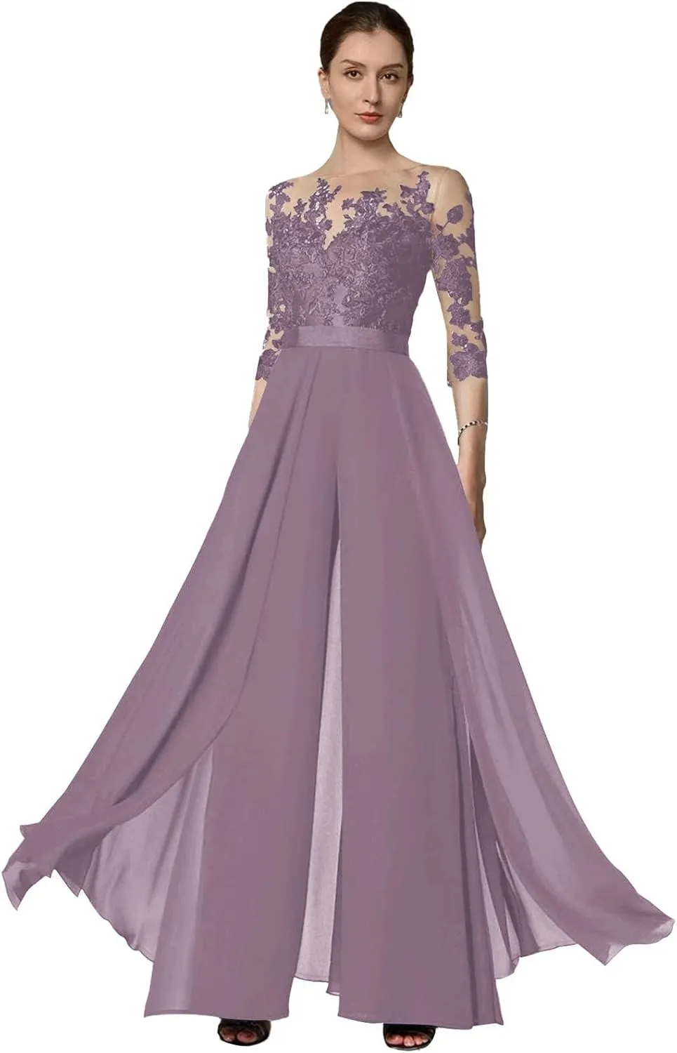 2 Pieces Mother of The Bride Pant Suits for Women Dressy Chiffon Lace Wedding Guest Formal Evening Gown