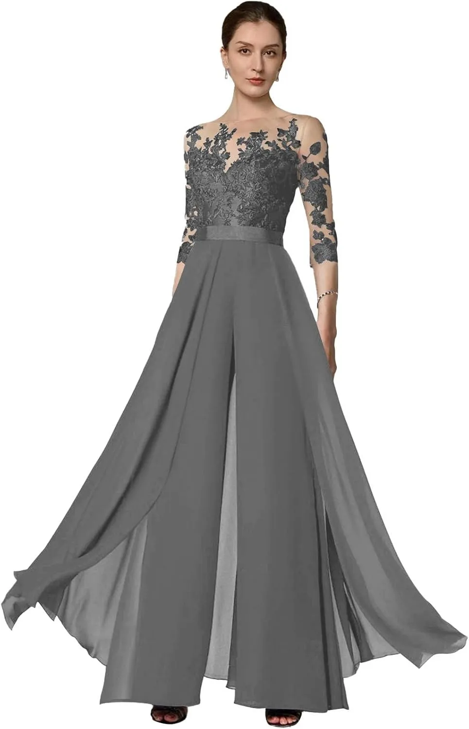 2 Pieces Mother of The Bride Pant Suits for Women Dressy Chiffon Lace Wedding Guest Formal Evening Gown