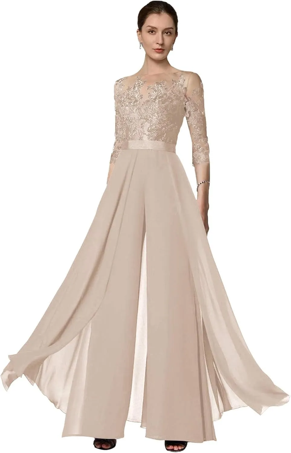 2 Pieces Mother of The Bride Pant Suits for Women Dressy Chiffon Lace Wedding Guest Formal Evening Gown