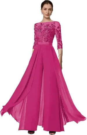 2 Pieces Mother of The Bride Pant Suits for Women Dressy Chiffon Lace Wedding Guest Formal Evening Gown