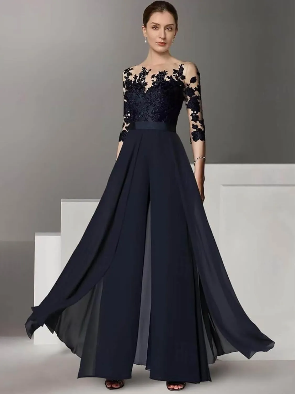 2 Pieces Mother of The Bride Pant Suits for Women Dressy Chiffon Lace Wedding Guest Formal Evening Gown