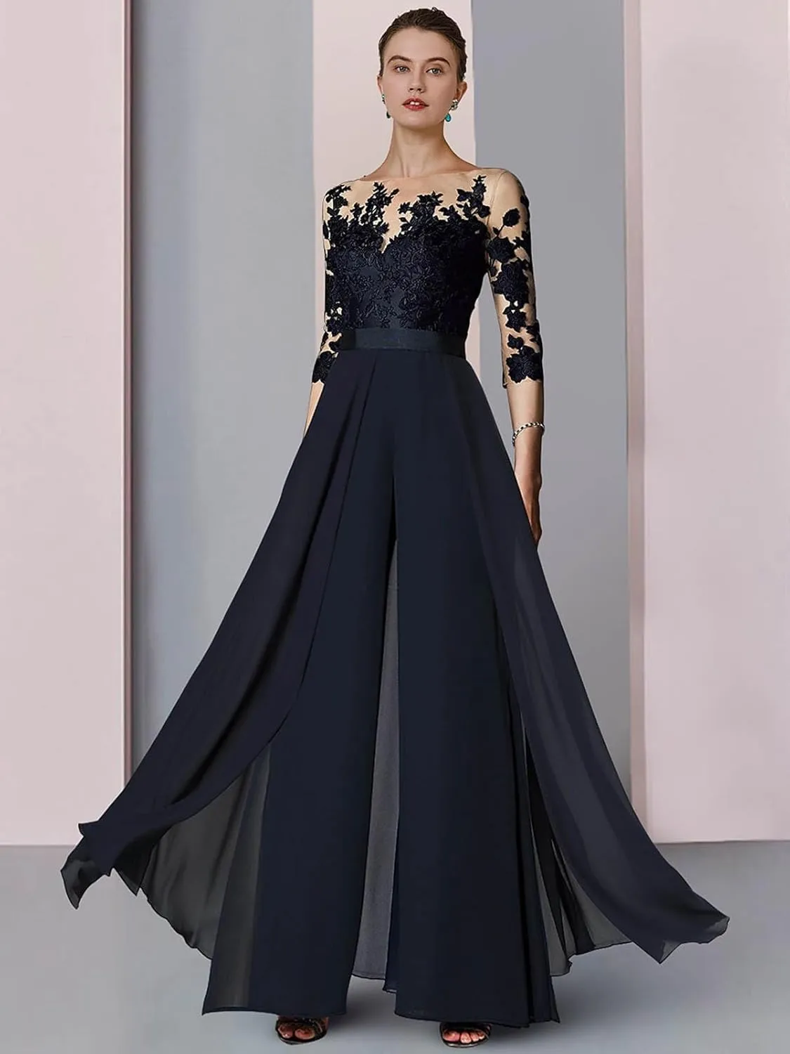 2 Pieces Mother of The Bride Pant Suits for Women Dressy Chiffon Lace Wedding Guest Formal Evening Gown