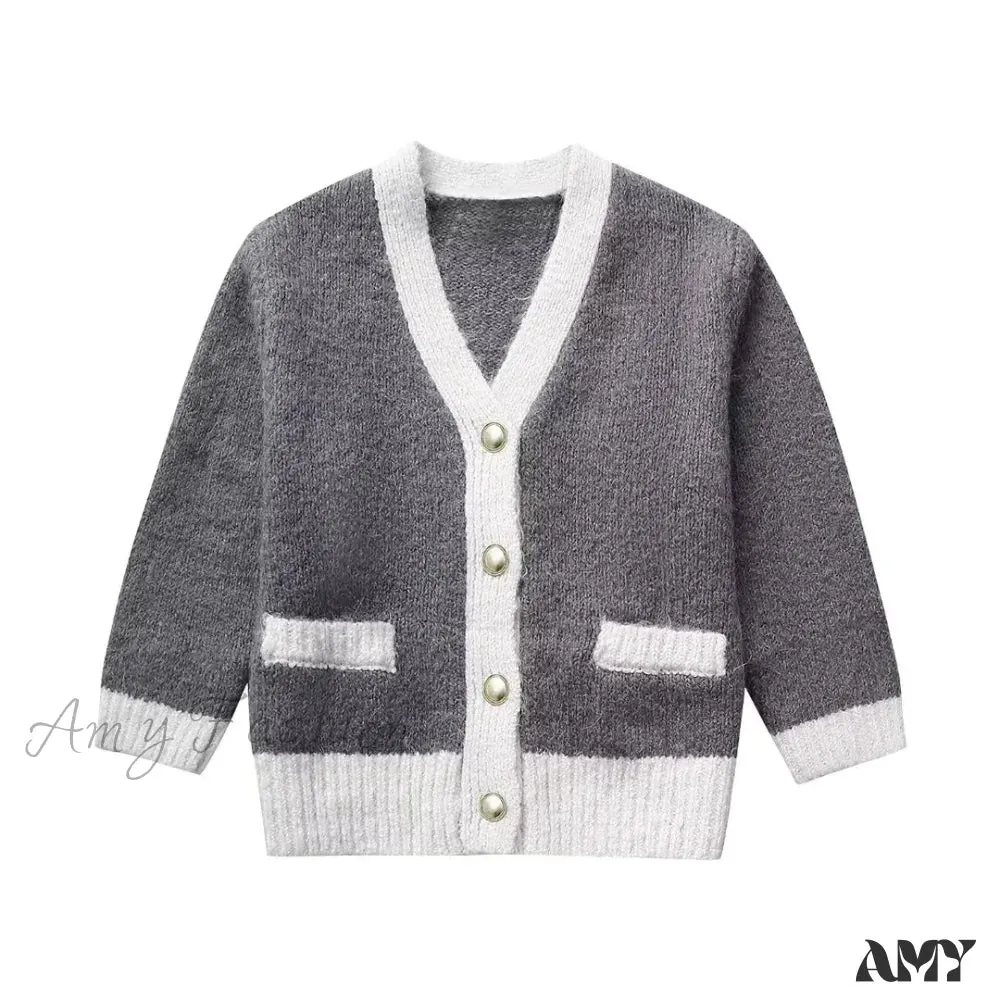 2024 Spring Grey White Patchwork Knitted Women Cardigan Jacket Half Sleeve Slim Buttons Cozy Sweater