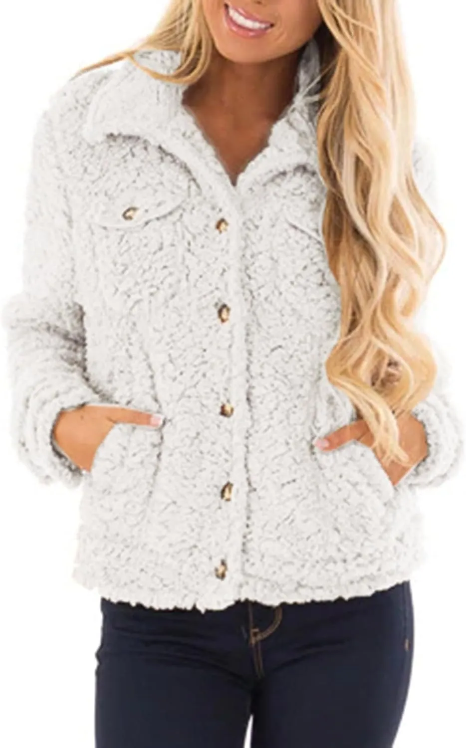 2024 Womens Sherpa Fleece Coats Winter Warm Soft Button Up Woolen Jackets Fuzzy Shacket Plus Size Short Outwear Cardigan