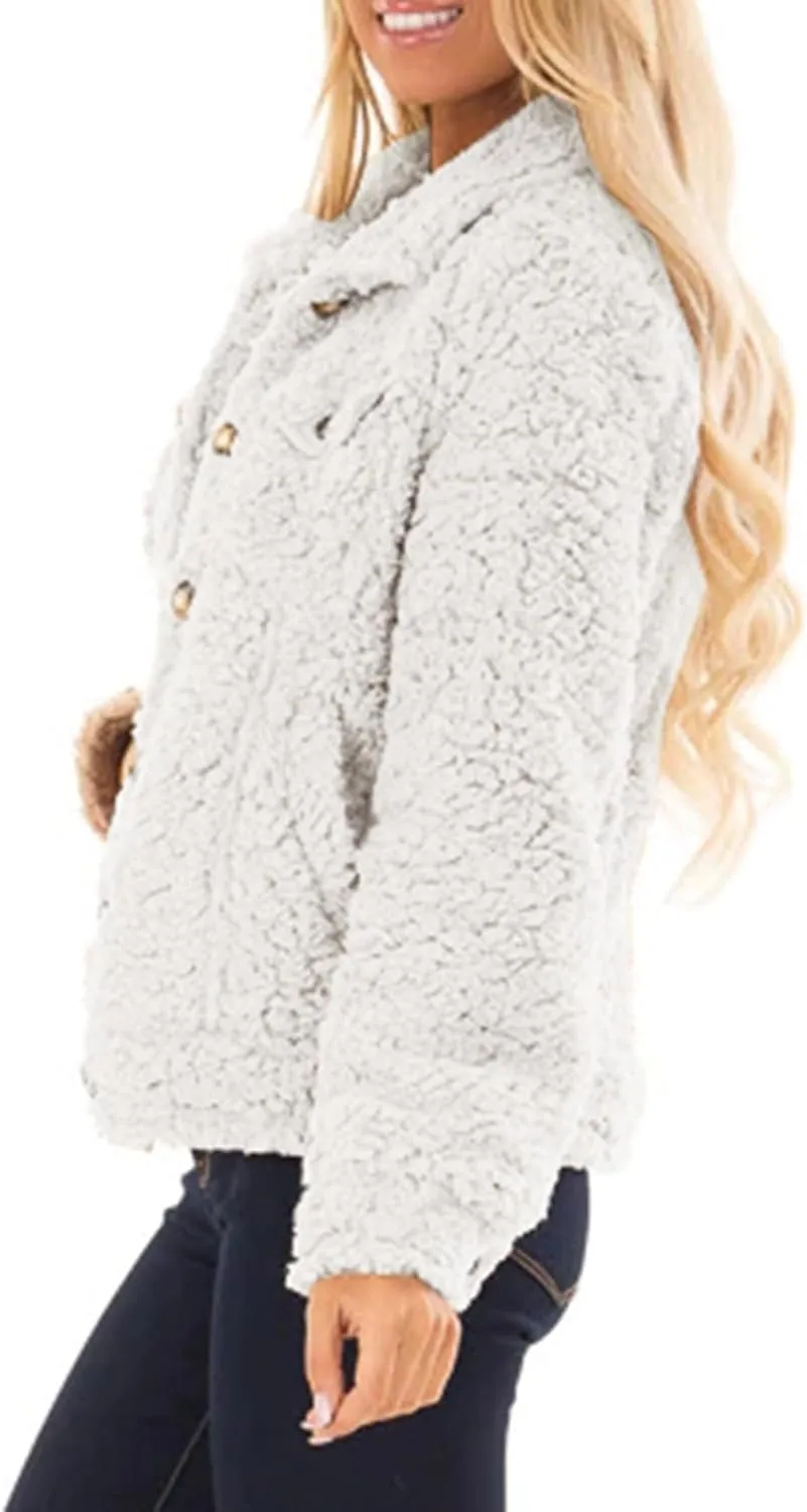 2024 Womens Sherpa Fleece Coats Winter Warm Soft Button Up Woolen Jackets Fuzzy Shacket Plus Size Short Outwear Cardigan