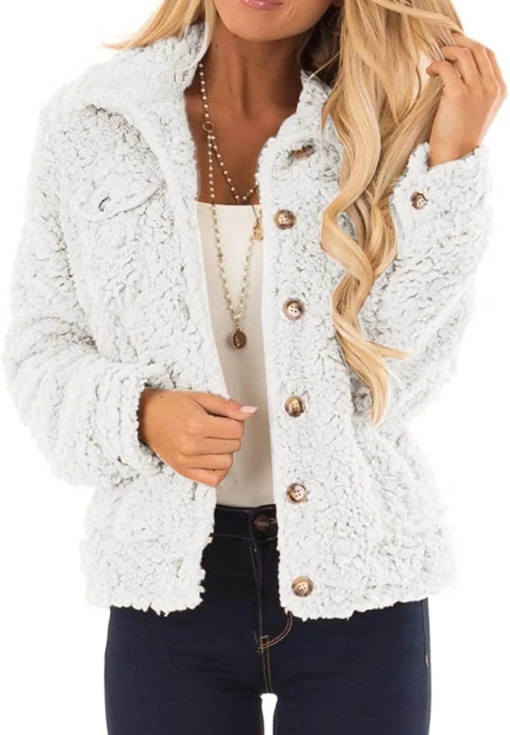 2024 Womens Sherpa Fleece Coats Winter Warm Soft Button Up Woolen Jackets Fuzzy Shacket Plus Size Short Outwear Cardigan