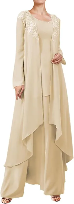 3 Pieces Mother of The Bride Dresses Pant Suits for Wedding Lace Chiffon Long Formal Gown Outfit Set with Jacket