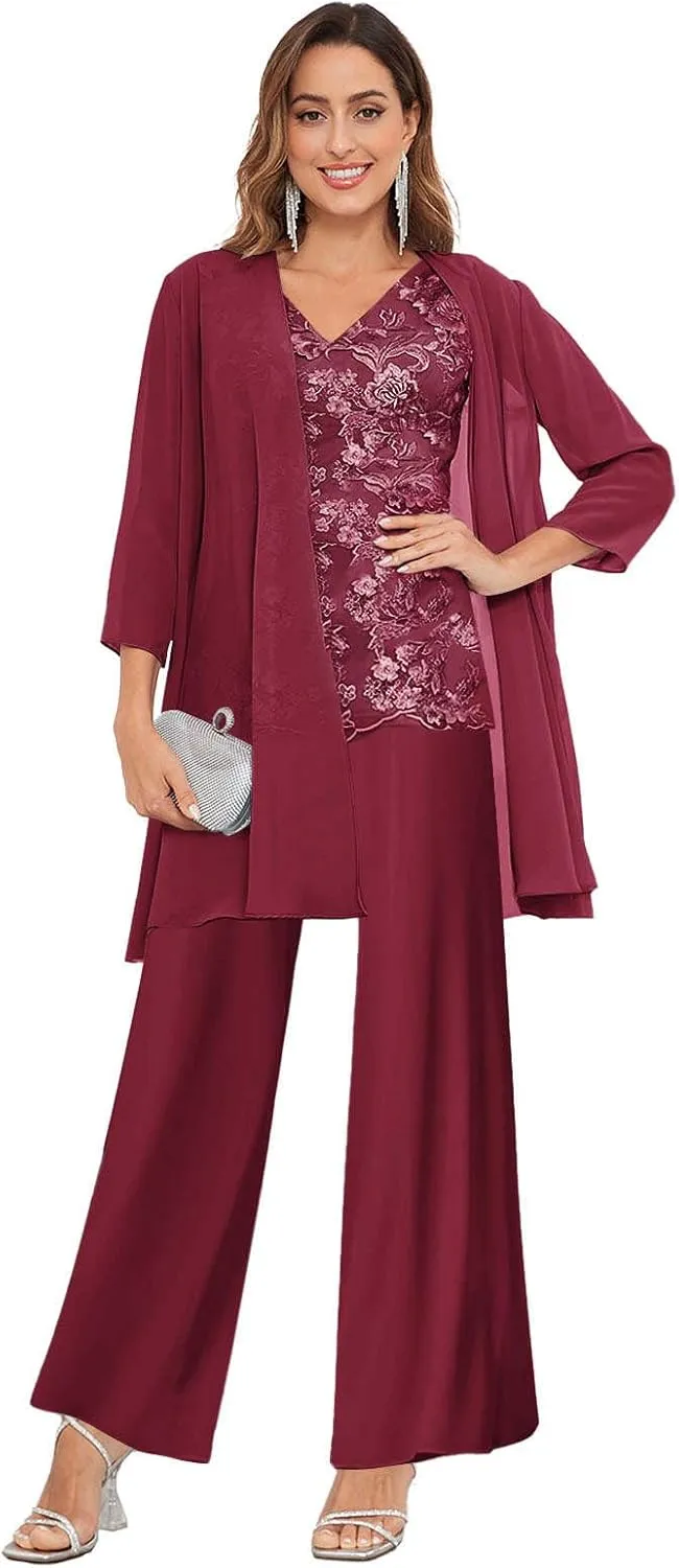 3 Pieces Mother of The Bride Pantsuits with Jacket for Wedding 3/4 Sleeve Formal Wedding Guest Evening Outfit