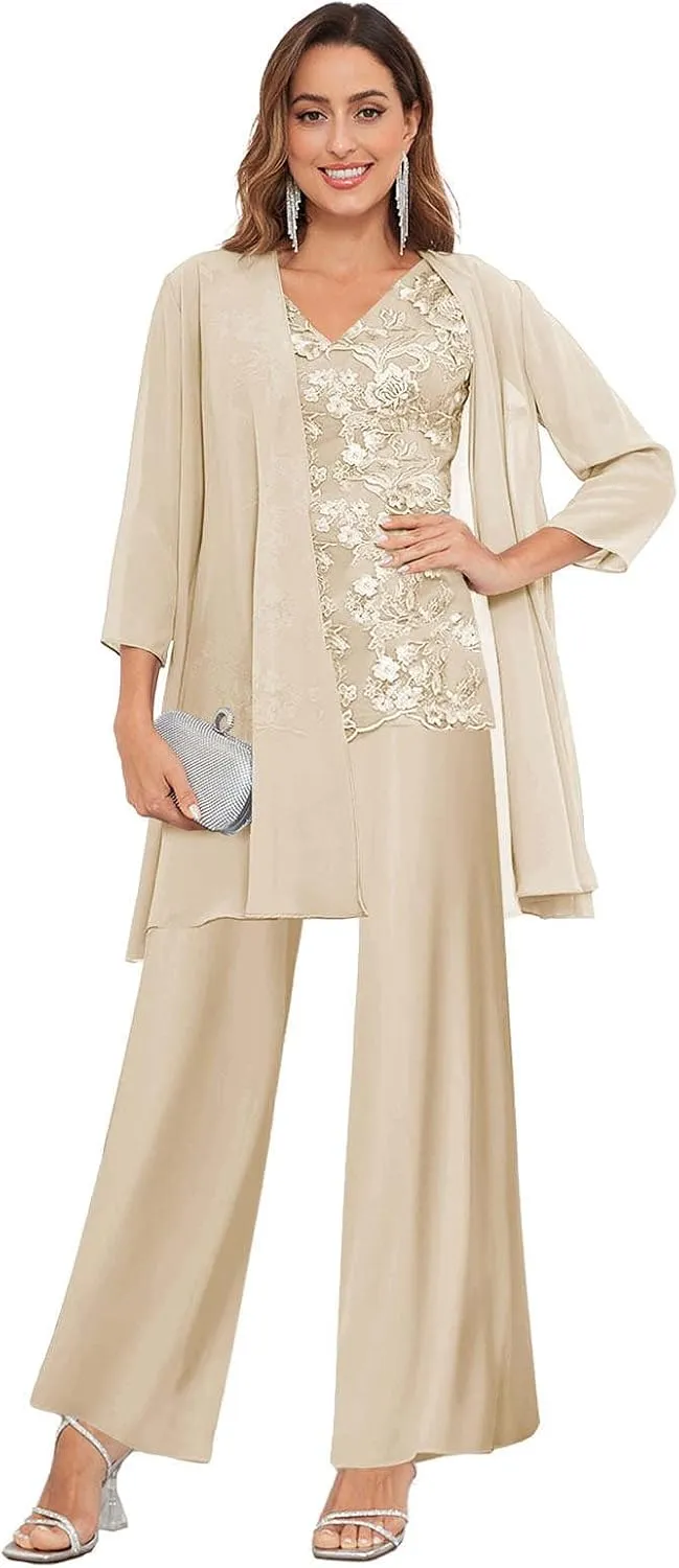 3 Pieces Mother of The Bride Pantsuits with Jacket for Wedding 3/4 Sleeve Formal Wedding Guest Evening Outfit