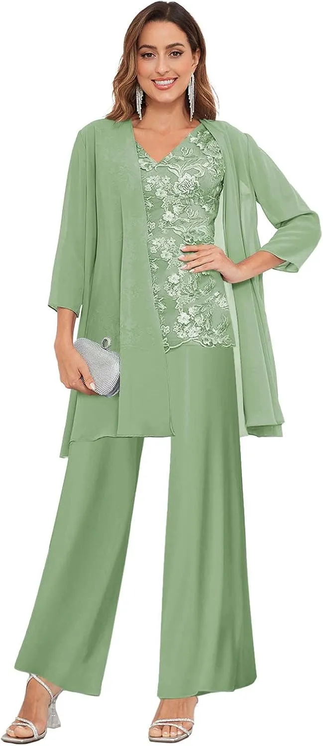 3 Pieces Mother of The Bride Pantsuits with Jacket for Wedding 3/4 Sleeve Formal Wedding Guest Evening Outfit