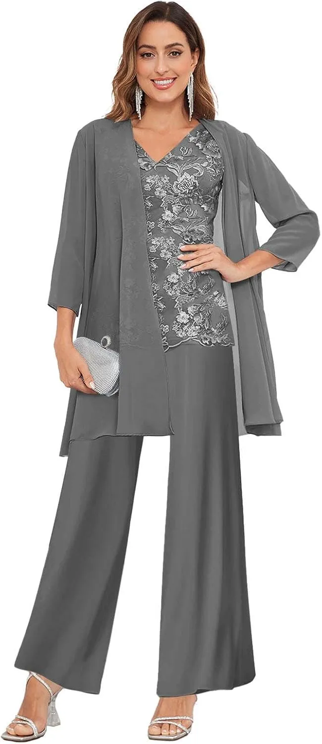 3 Pieces Mother of The Bride Pantsuits with Jacket for Wedding 3/4 Sleeve Formal Wedding Guest Evening Outfit