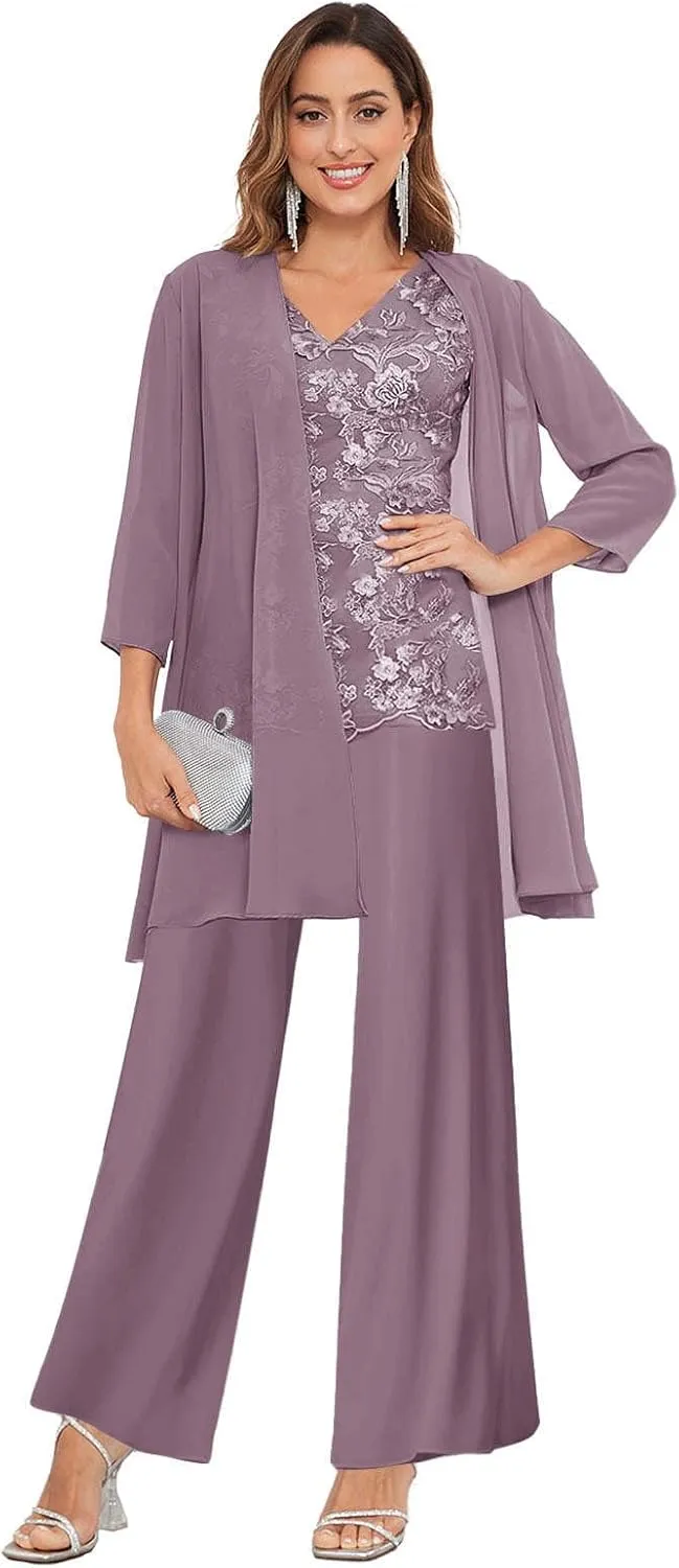 3 Pieces Mother of The Bride Pantsuits with Jacket for Wedding 3/4 Sleeve Formal Wedding Guest Evening Outfit