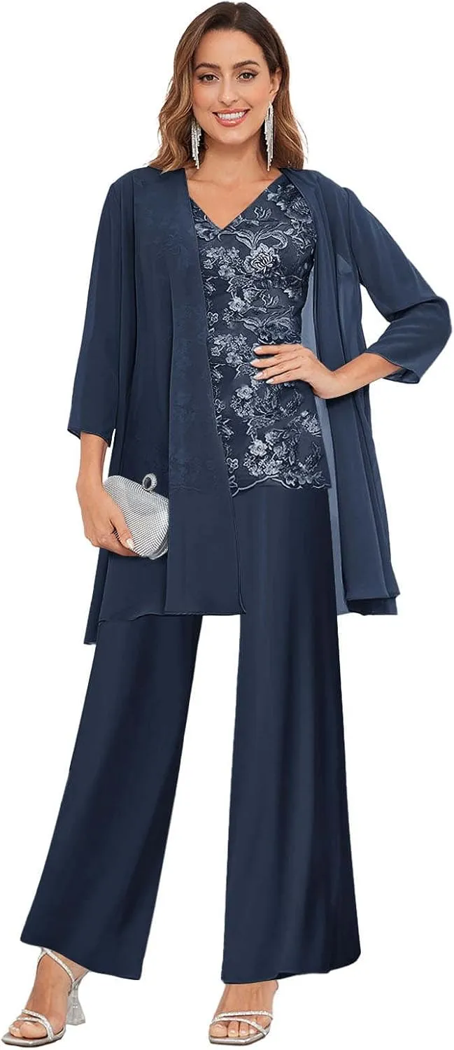 3 Pieces Mother of The Bride Pantsuits with Jacket for Wedding 3/4 Sleeve Formal Wedding Guest Evening Outfit