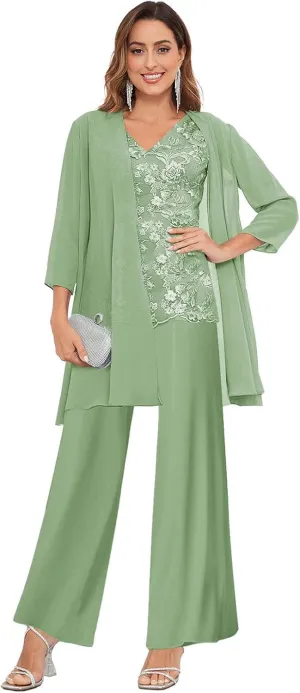 3 Pieces Mother of The Bride Pantsuits with Jacket for Wedding 3/4 Sleeve Formal Wedding Guest Evening Outfit