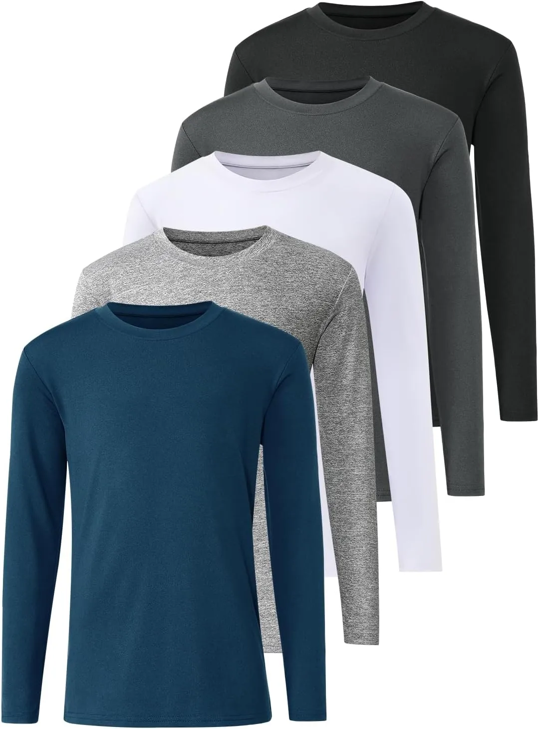 5-Pack Youth Boys Long Sleeve Shirts Dry Fit Athletic T-Shirt Moisture Wicking Performance Activewear Tops Tees
