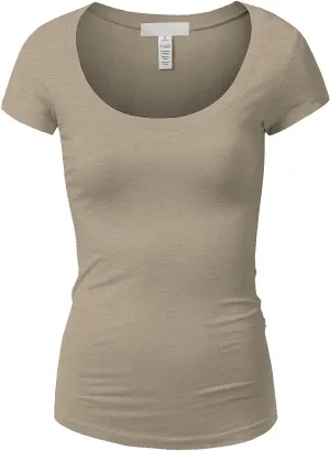 Active Basic Womens Plain Basic Deep Scoop Neck with Cap Short Sleeves