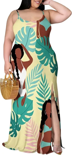 African Print Plus Size Womens Maxi Dress Summer Casual Sleeveless Beach Sundress Sexy Spaghetti Strap Side Split Long Dress