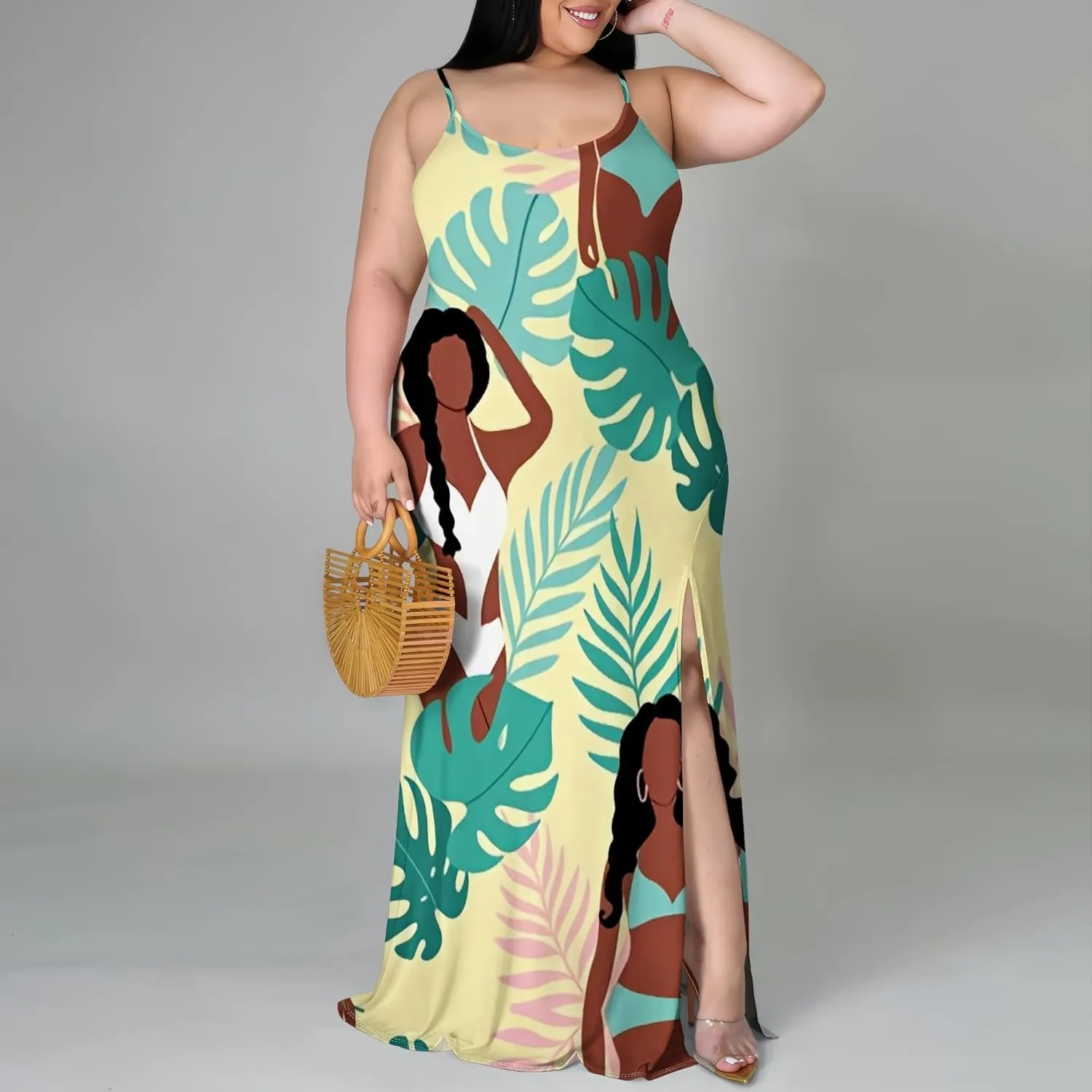 African Print Plus Size Womens Maxi Dress Summer Casual Sleeveless Beach Sundress Sexy Spaghetti Strap Side Split Long Dress