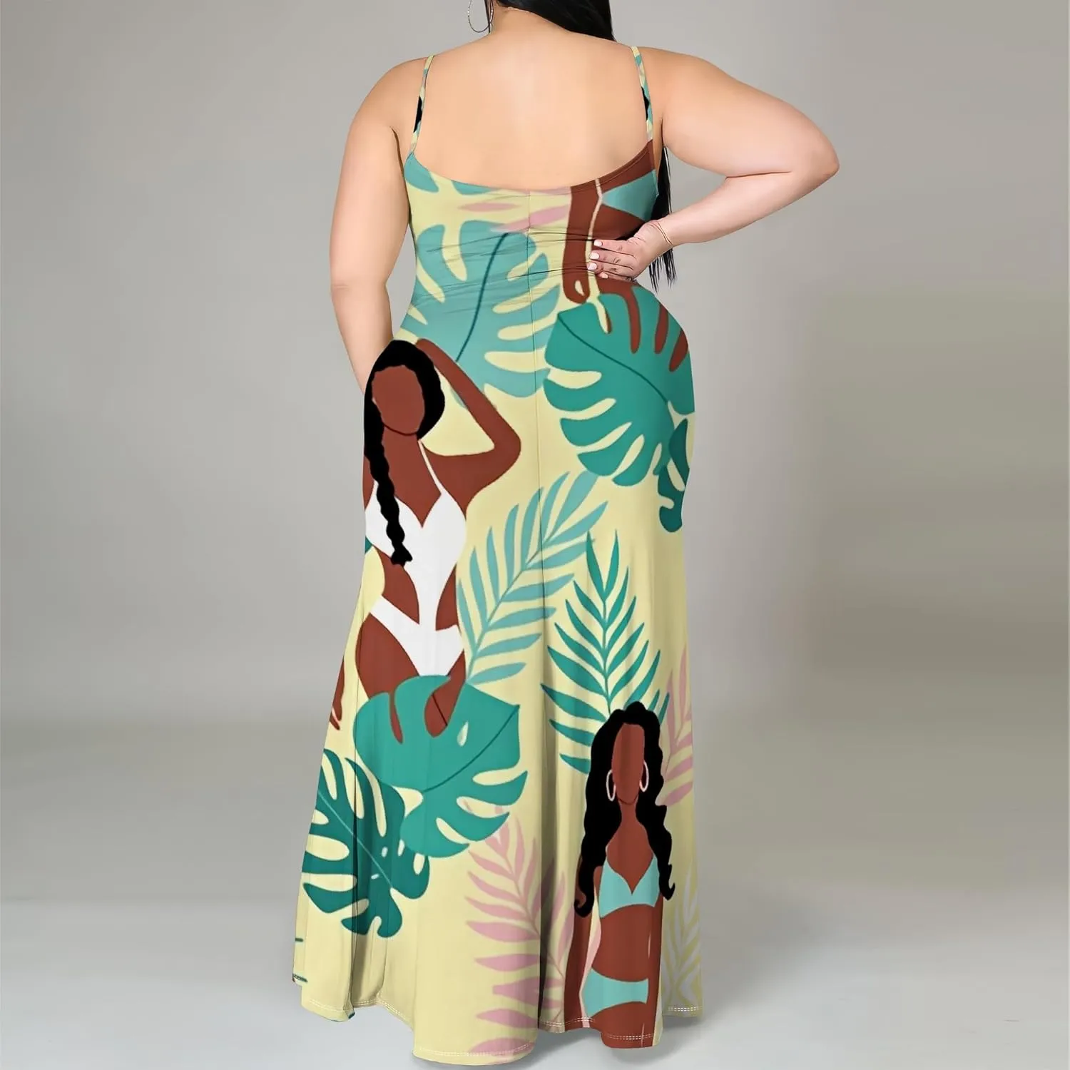African Print Plus Size Womens Maxi Dress Summer Casual Sleeveless Beach Sundress Sexy Spaghetti Strap Side Split Long Dress