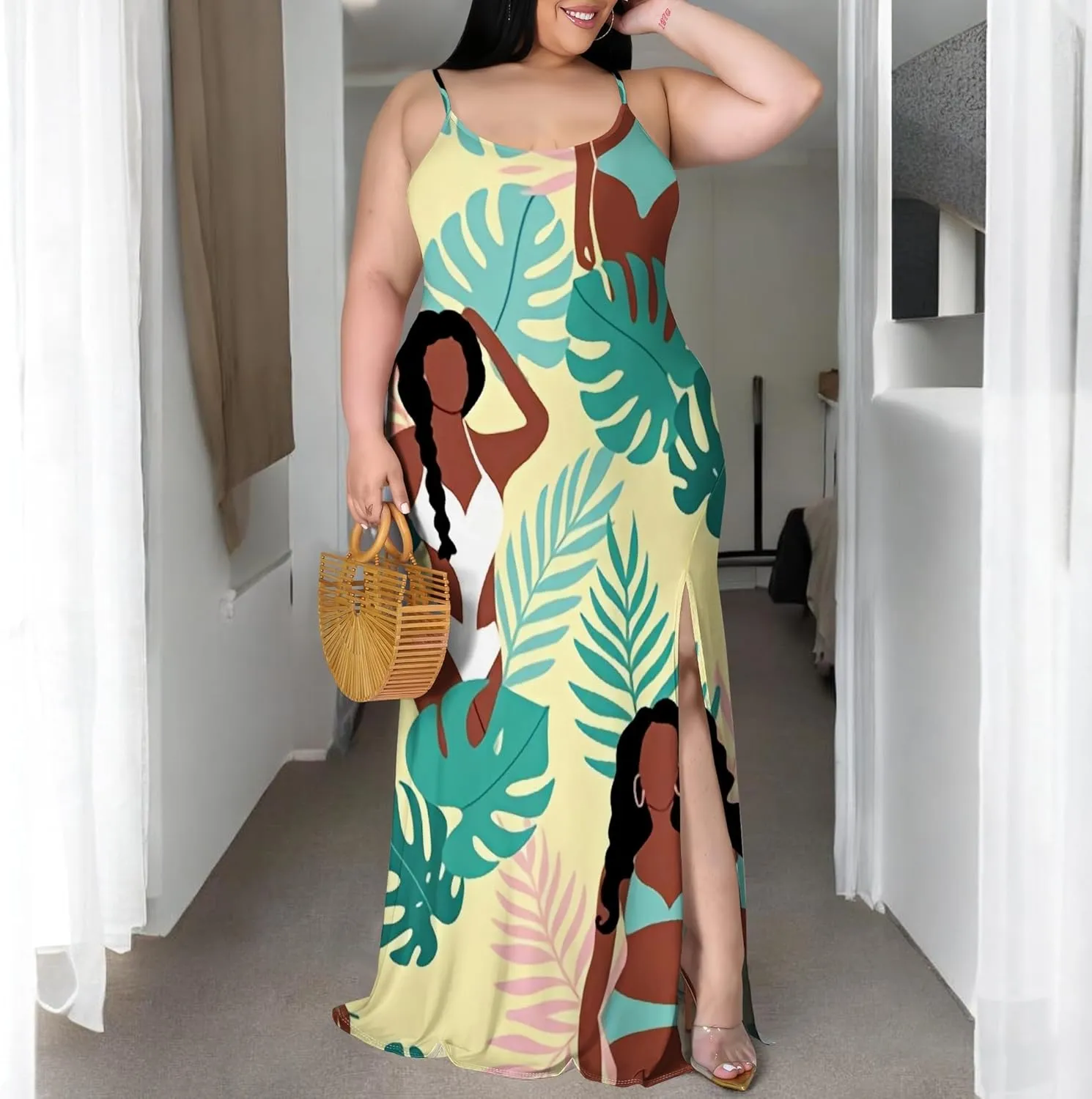 African Print Plus Size Womens Maxi Dress Summer Casual Sleeveless Beach Sundress Sexy Spaghetti Strap Side Split Long Dress