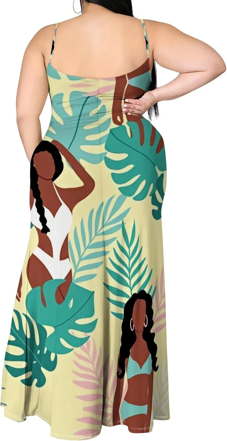 African Print Plus Size Womens Maxi Dress Summer Casual Sleeveless Beach Sundress Sexy Spaghetti Strap Side Split Long Dress