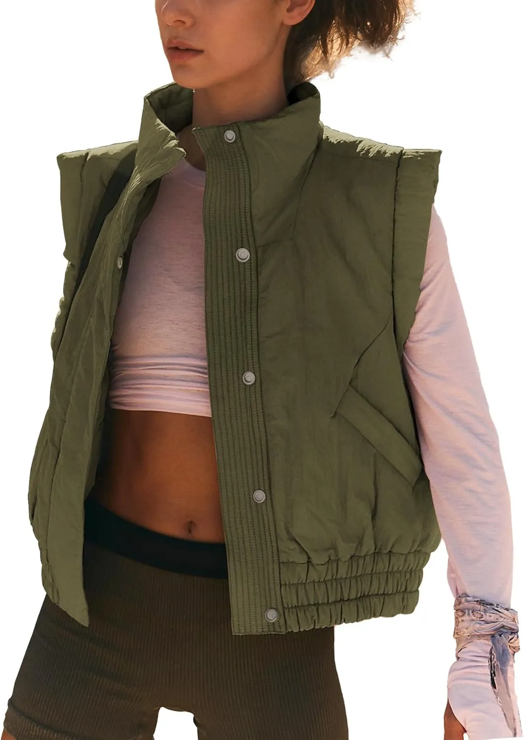 Ainangua Women Cropped Puffer Vest Button Sleeveless Light Jacket Scrunch Stand Collar Essentials Gilet with Pockets