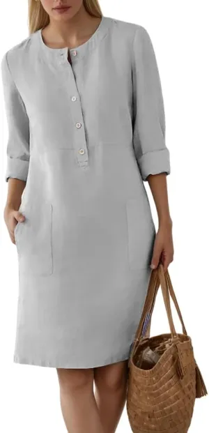 Akivide Women's Cotton Linen 3/4 Sleeve Button Shirt Dress Plus Size Crewneck Knee Length Midi Dresses with 2 Pockets