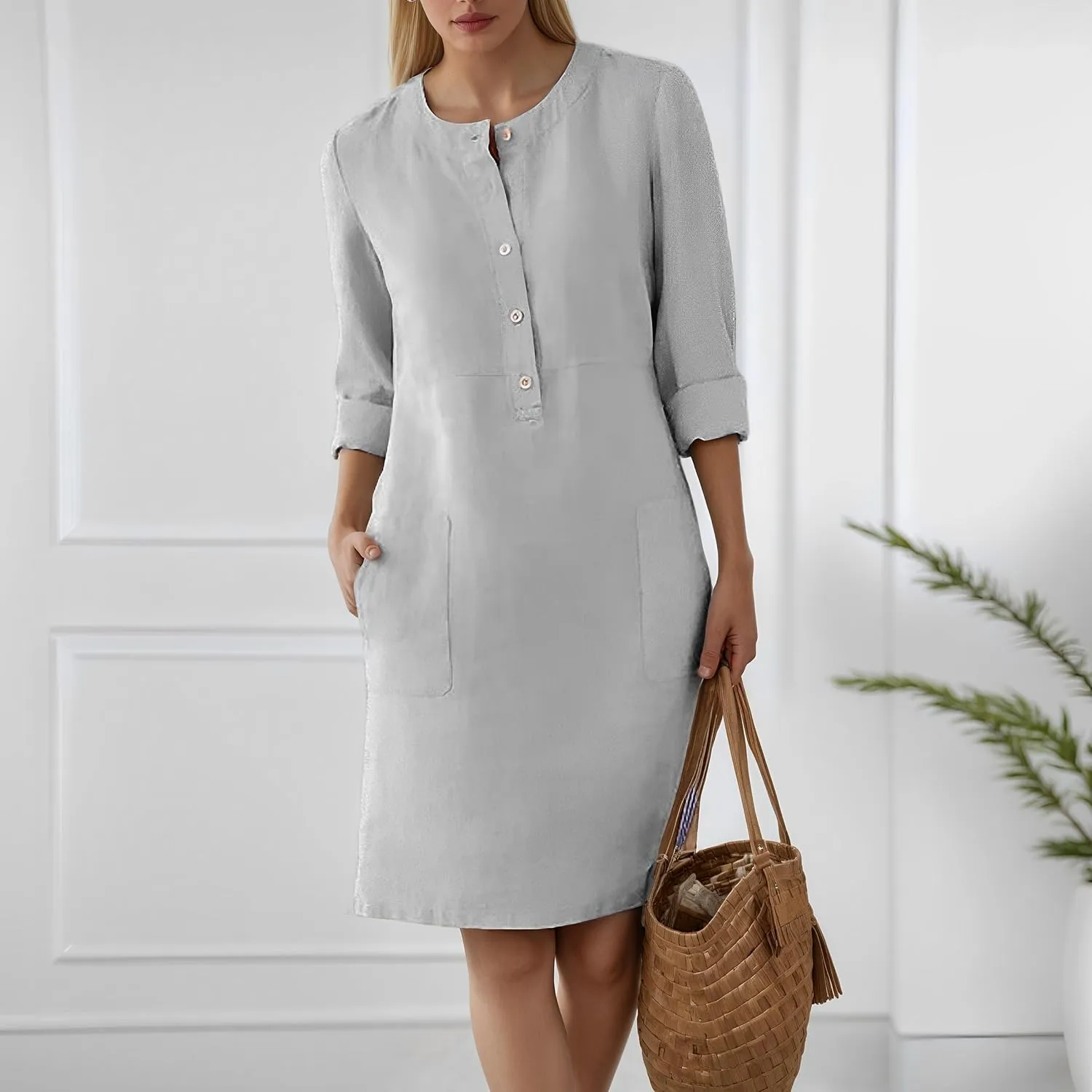Akivide Women's Cotton Linen 3/4 Sleeve Button Shirt Dress Plus Size Crewneck Knee Length Midi Dresses with 2 Pockets