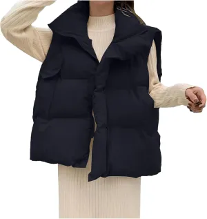 Akklian Women's Quilted Puffer Vest Stand Collar Sleeveless Zip Padded Coat Winter Oversized Gilet Cotton Jacket with Pockets