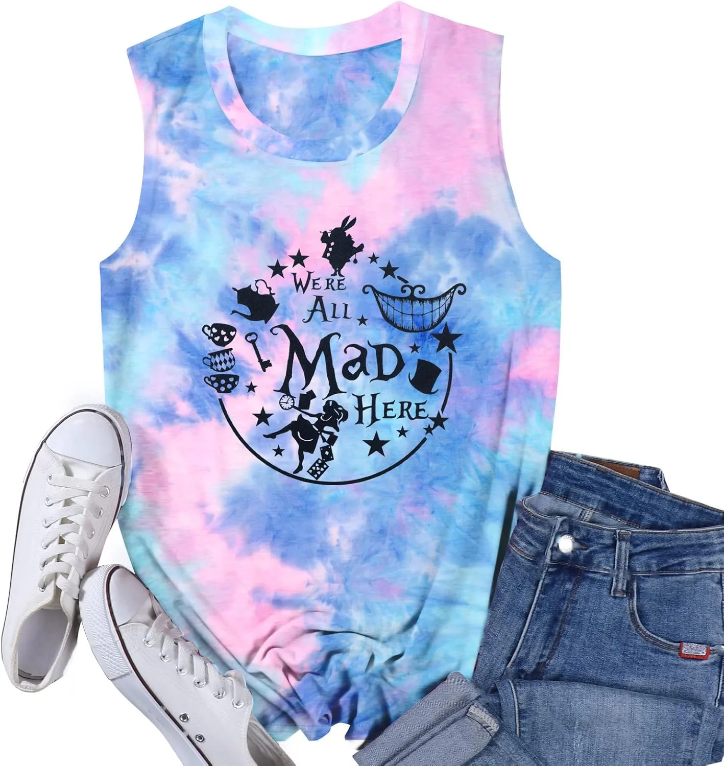 Alice in Wonderland Tank Tops for Women Summer Vacation Shirts We're All Mad Here Graphic Print Sleeveless Tees