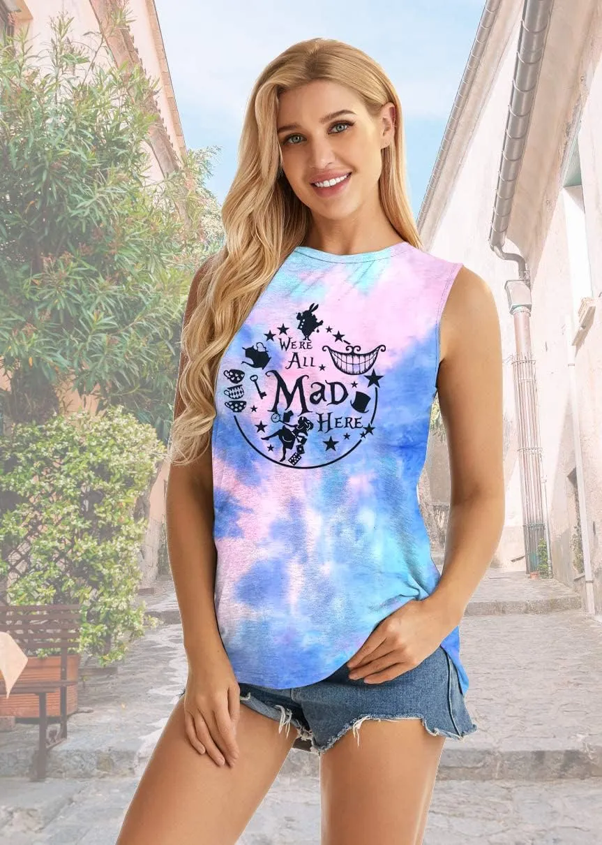 Alice in Wonderland Tank Tops for Women Summer Vacation Shirts We're All Mad Here Graphic Print Sleeveless Tees