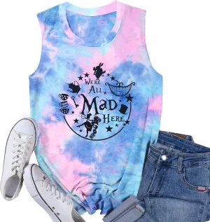 Alice in Wonderland Tank Tops for Women Summer Vacation Shirts We're All Mad Here Graphic Print Sleeveless Tees