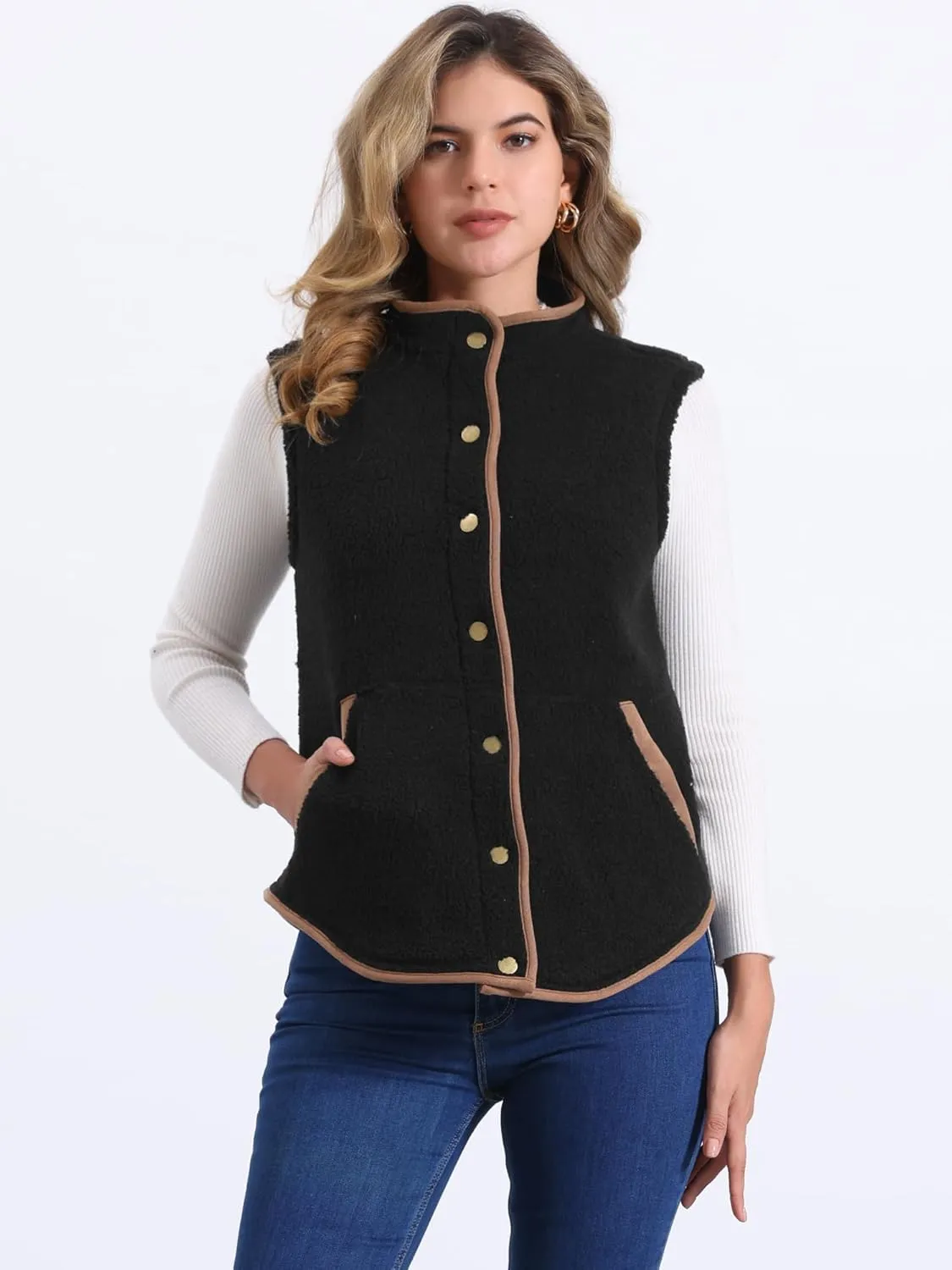 Allegra K Women's Fleece Vest Outerwear with Pockets Button Down Sleeveless Jacket Oversized 2025 Fuzzy Vest
