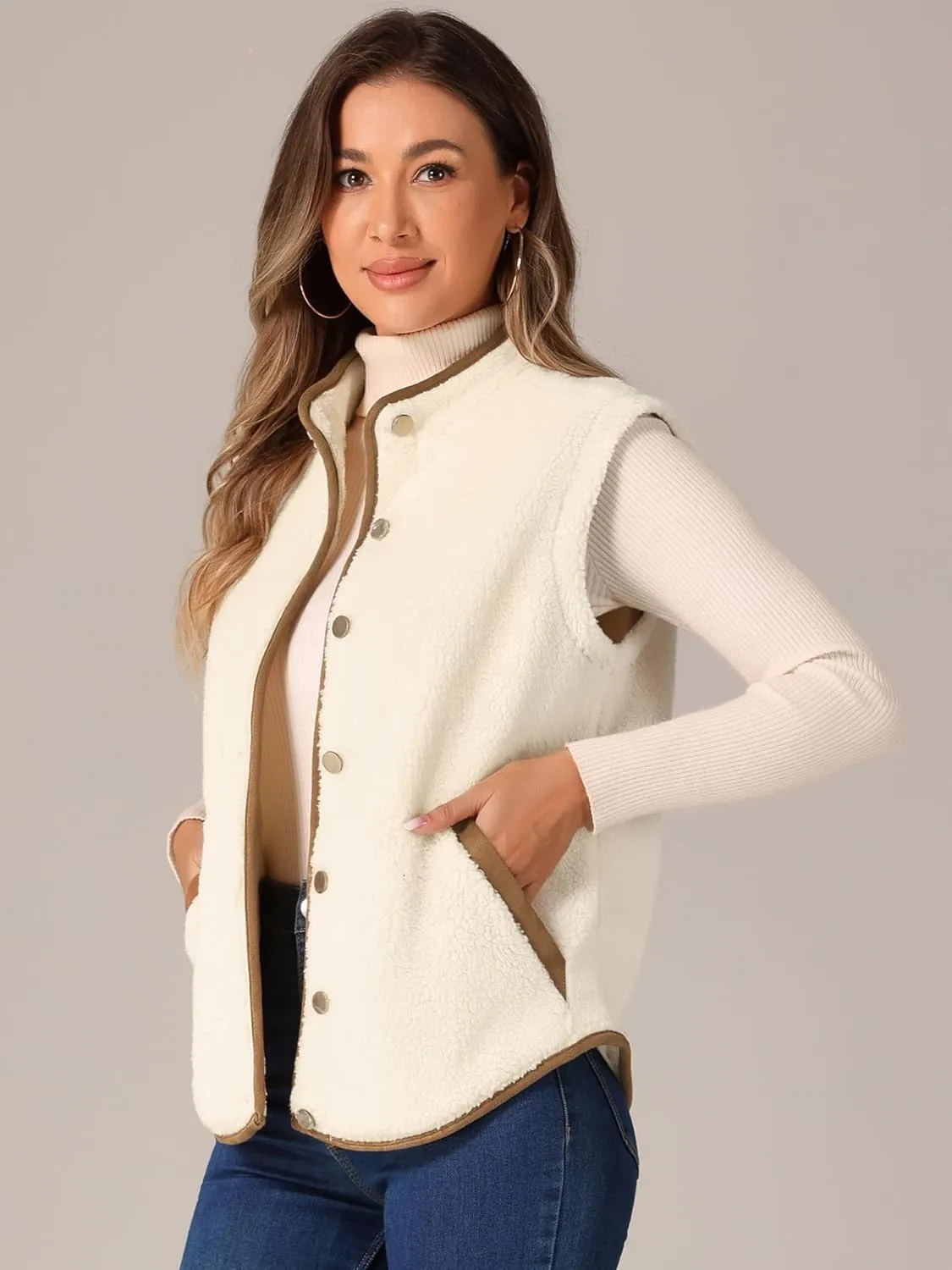 Allegra K Women's Fleece Vest Outerwear with Pockets Button Down Sleeveless Jacket Oversized 2025 Fuzzy Vest