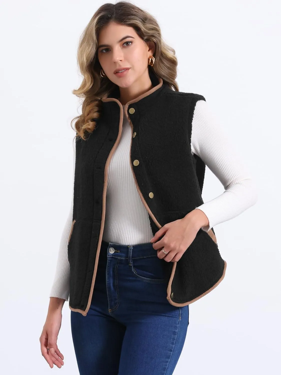 Allegra K Women's Fleece Vest Outerwear with Pockets Button Down Sleeveless Jacket Oversized 2025 Fuzzy Vest
