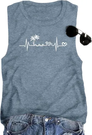 ALLTB Beach Tank Tops Women Beach Waves Sleeveless Shirt Hawaiian Ocean Vest Heartbeat Tank Summer Family Vacation Tanks