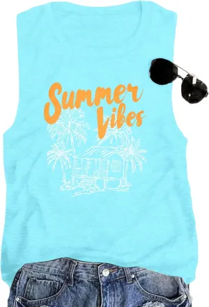 ALLTB Beach Tank Tops Women Beach Waves Sleeveless Shirt Hawaiian Ocean Vest Heartbeat Tank Summer Family Vacation Tanks