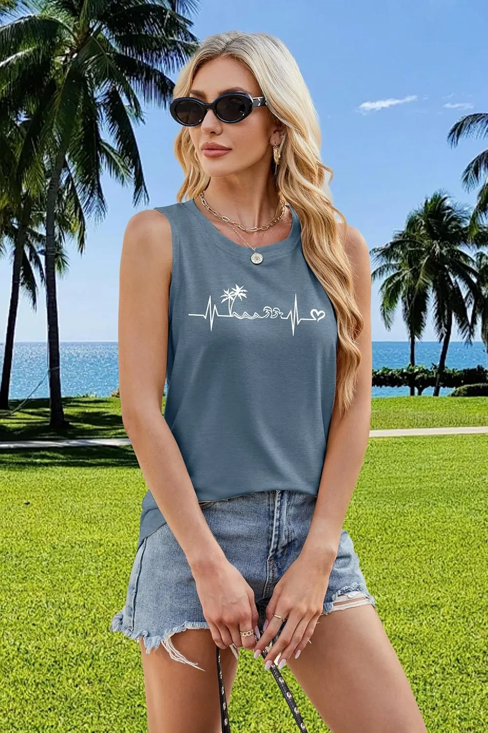 ALLTB Beach Tank Tops Women Beach Waves Sleeveless Shirt Hawaiian Ocean Vest Heartbeat Tank Summer Family Vacation Tanks