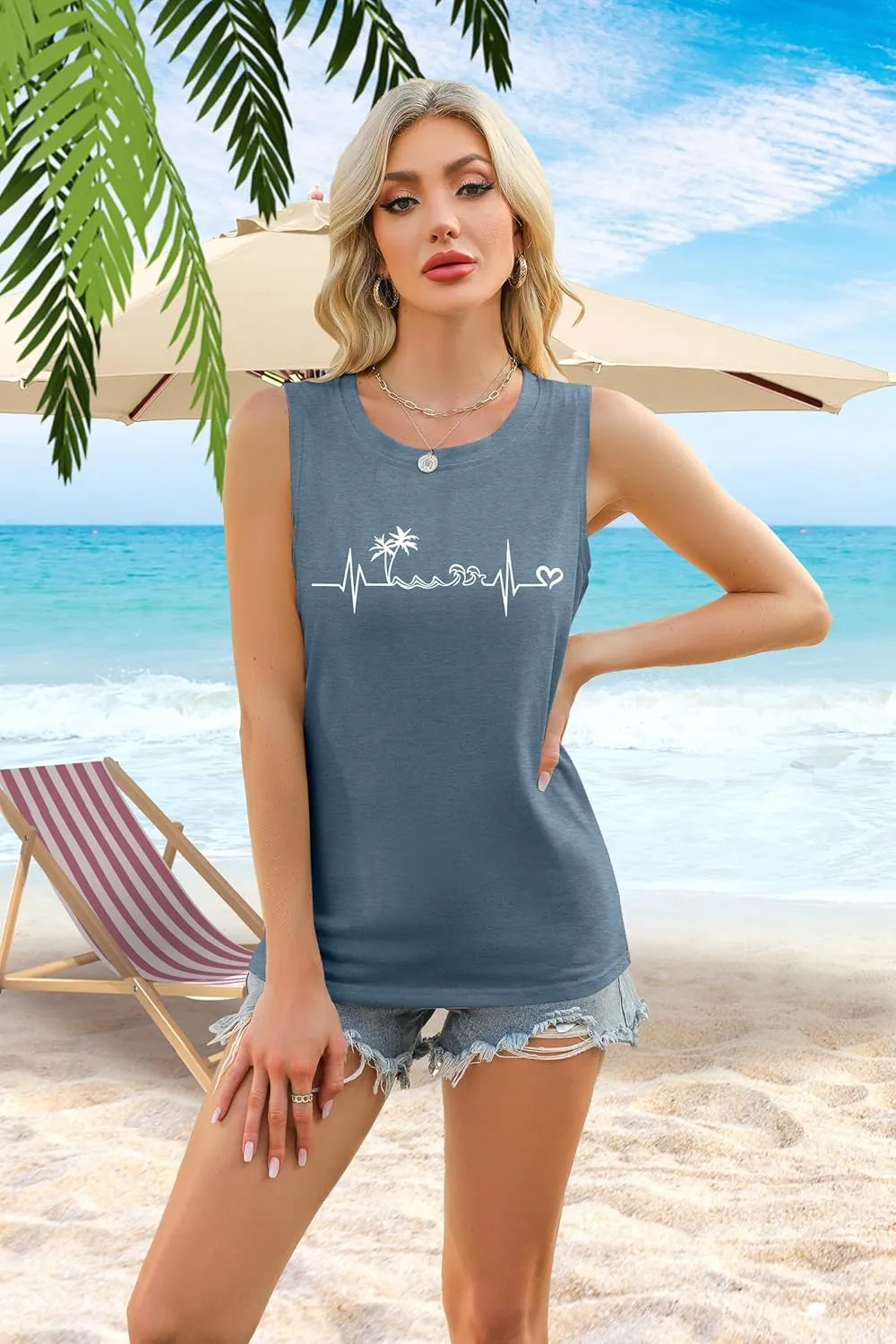 ALLTB Beach Tank Tops Women Beach Waves Sleeveless Shirt Hawaiian Ocean Vest Heartbeat Tank Summer Family Vacation Tanks