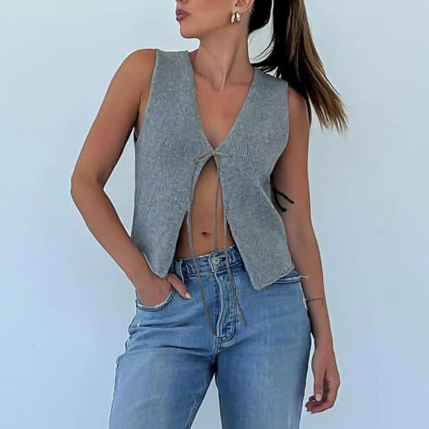 Amiblvowa Women Crochet Vest Y2k Tie Front Knit V Neck Sleeveless Tank Top Open Front Going Out Crop Sweater Vest Tops