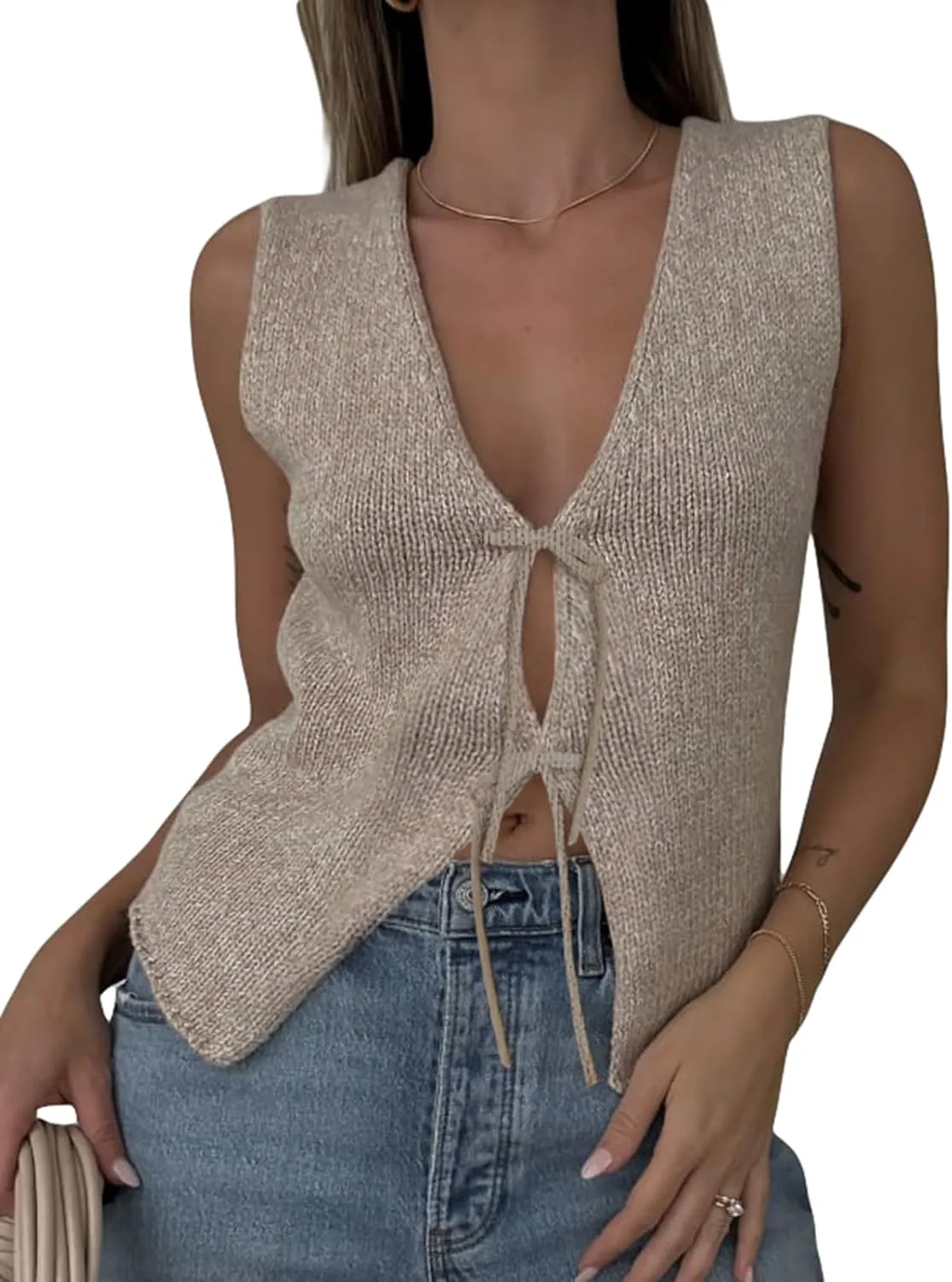 Amiblvowa Women Crochet Vest Y2k Tie Front Knit V Neck Sleeveless Tank Top Open Front Going Out Crop Sweater Vest Tops