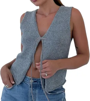 Amiblvowa Women Crochet Vest Y2k Tie Front Knit V Neck Sleeveless Tank Top Open Front Going Out Crop Sweater Vest Tops