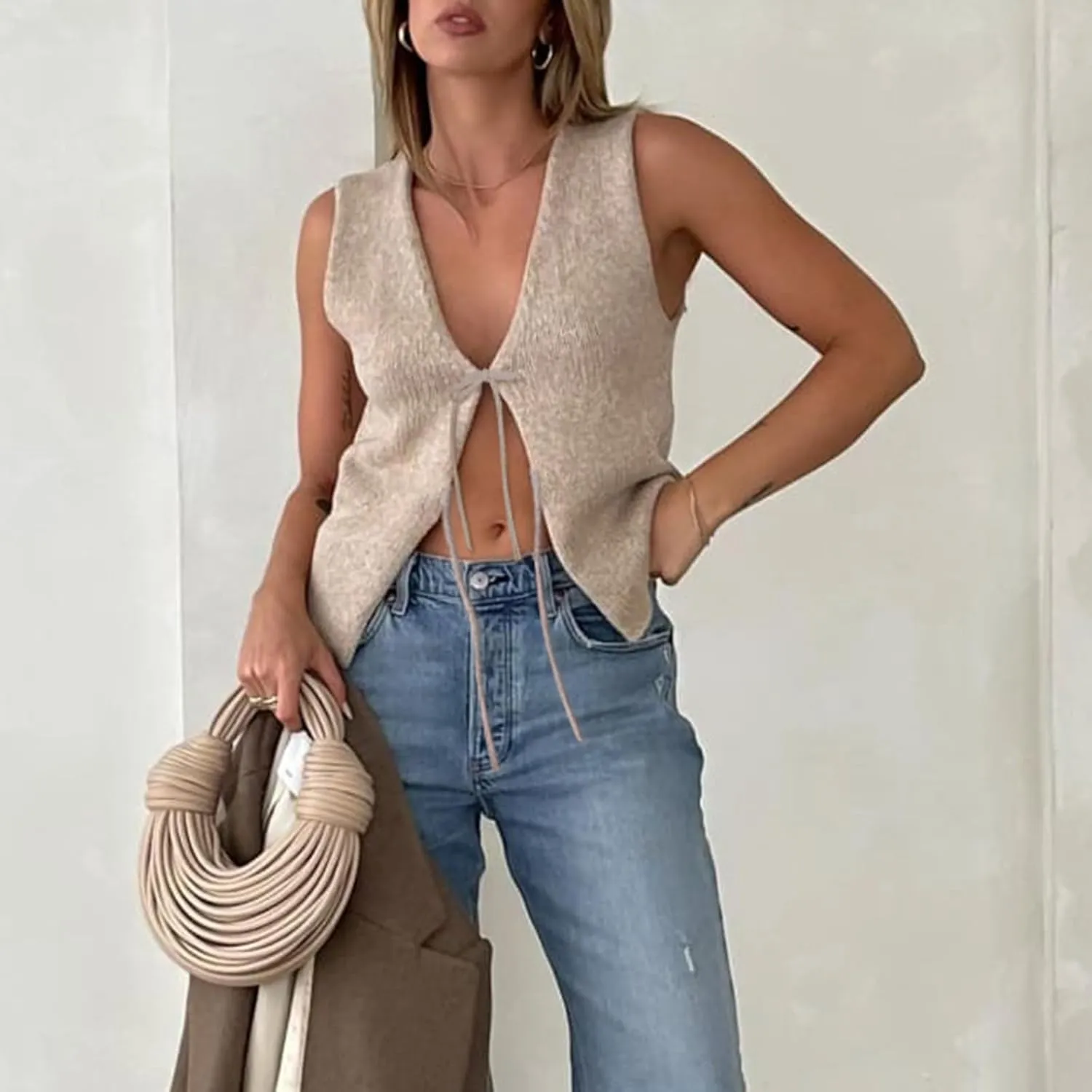 Amiblvowa Women Crochet Vest Y2k Tie Front Knit V Neck Sleeveless Tank Top Open Front Going Out Crop Sweater Vest Tops