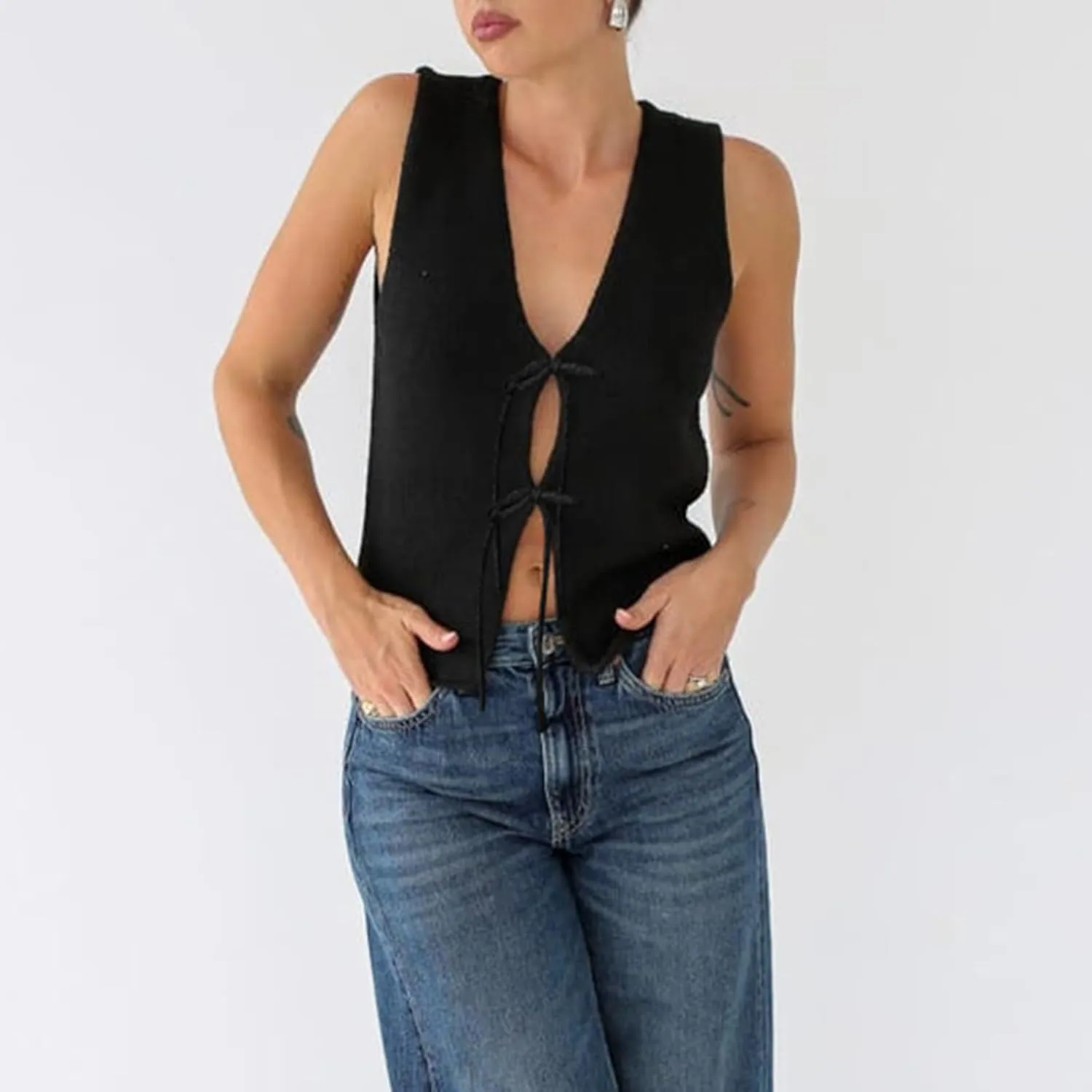 Amiblvowa Women Crochet Vest Y2k Tie Front Knit V Neck Sleeveless Tank Top Open Front Going Out Crop Sweater Vest Tops