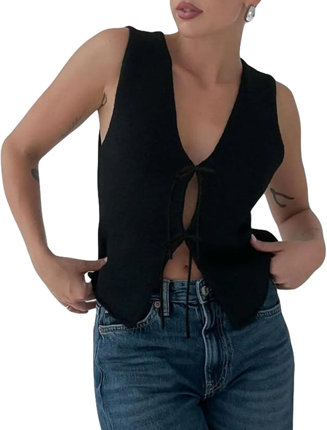 Amiblvowa Women Crochet Vest Y2k Tie Front Knit V Neck Sleeveless Tank Top Open Front Going Out Crop Sweater Vest Tops