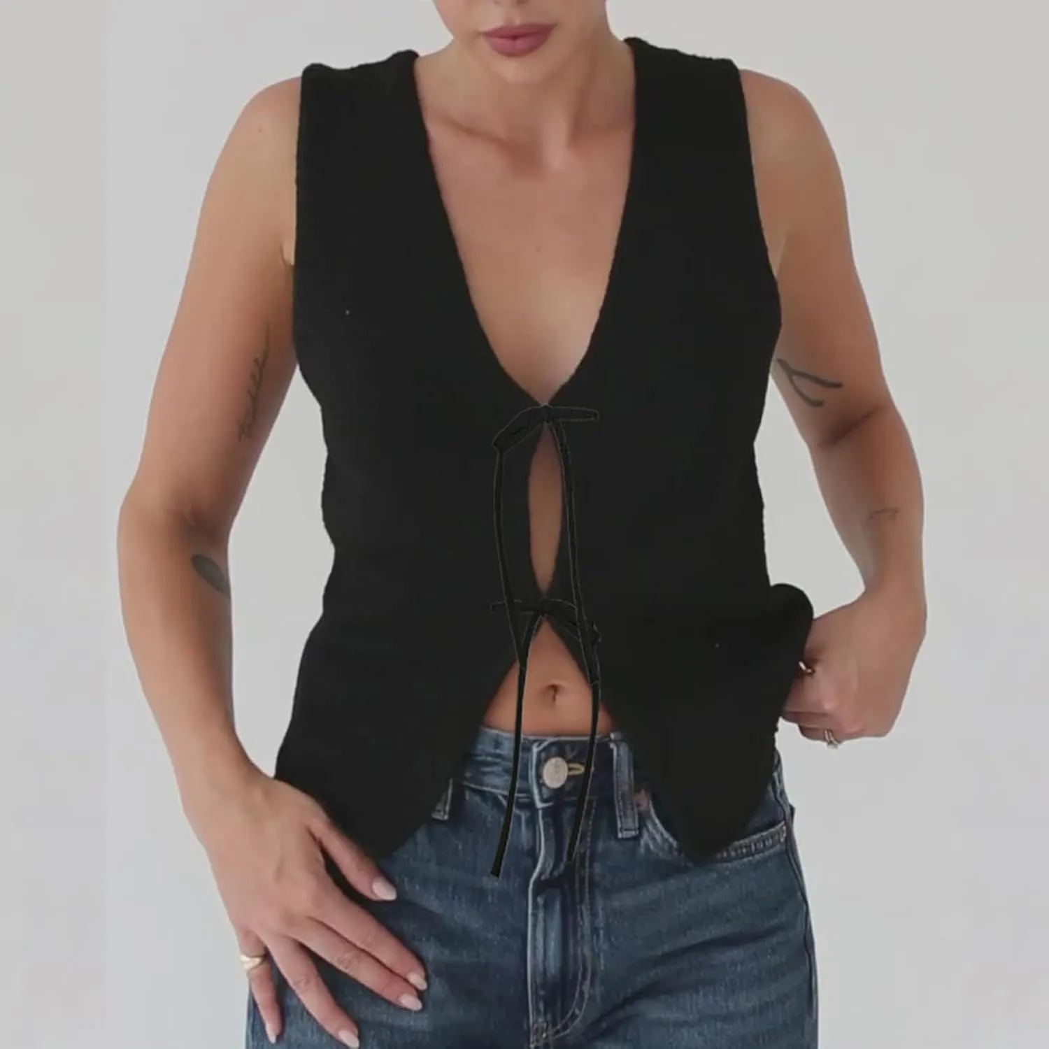 Amiblvowa Women Crochet Vest Y2k Tie Front Knit V Neck Sleeveless Tank Top Open Front Going Out Crop Sweater Vest Tops