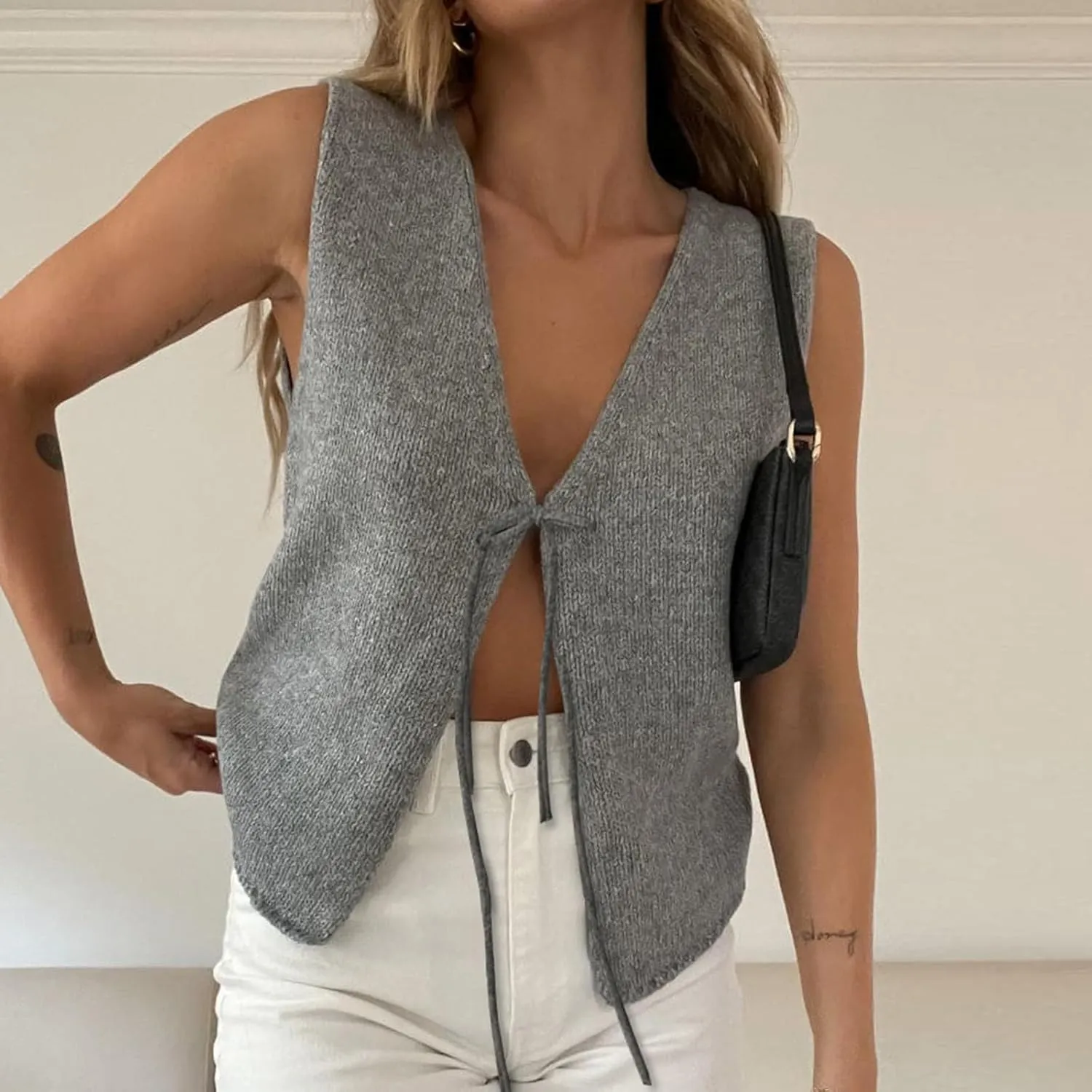 Amiblvowa Women Crochet Vest Y2k Tie Front Knit V Neck Sleeveless Tank Top Open Front Going Out Crop Sweater Vest Tops