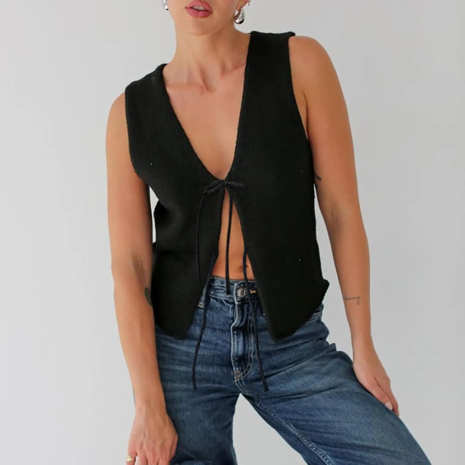 Amiblvowa Women Crochet Vest Y2k Tie Front Knit V Neck Sleeveless Tank Top Open Front Going Out Crop Sweater Vest Tops