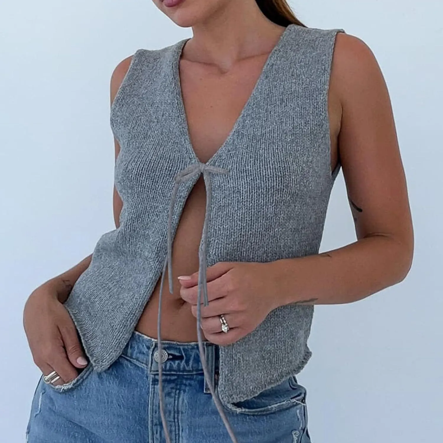 Amiblvowa Women Crochet Vest Y2k Tie Front Knit V Neck Sleeveless Tank Top Open Front Going Out Crop Sweater Vest Tops
